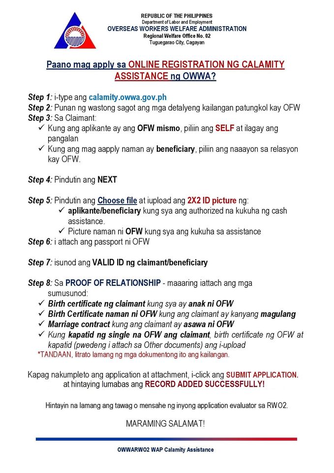 Calamity Assistance Online Application Advisory From Owwa Region 02 5837