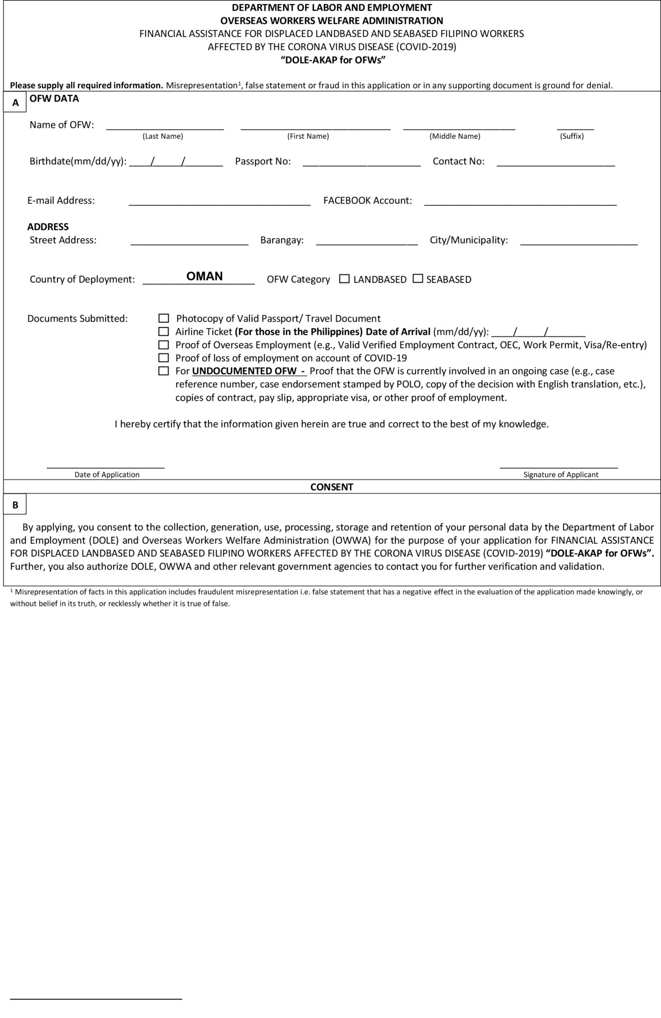 Re-opening of application for DOLE-AKAP in Oman