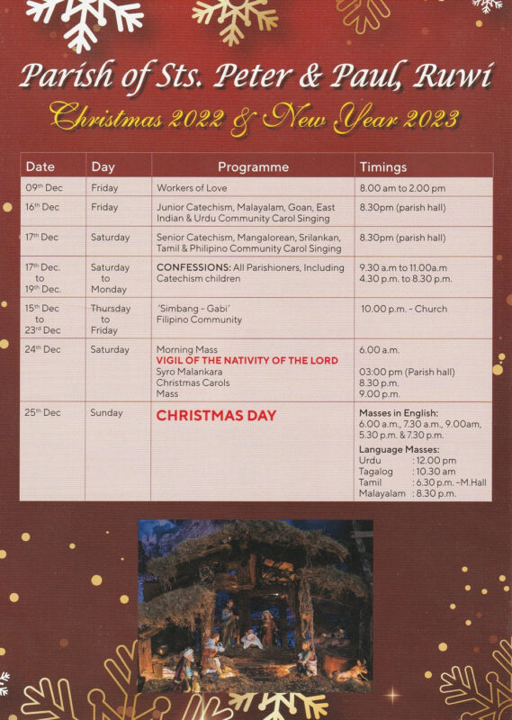 Ruwi and Ghala Church Christmas 2022 and New Year’s Mass Schedules